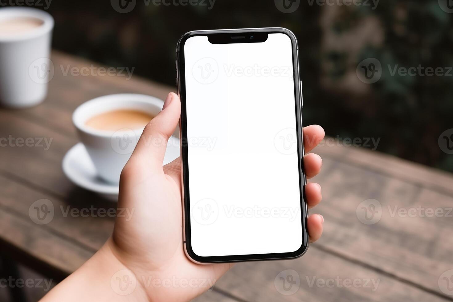 AI generated Hand holding a smartphone with blank screen on cafe table background with coffee cup, for mockup photo