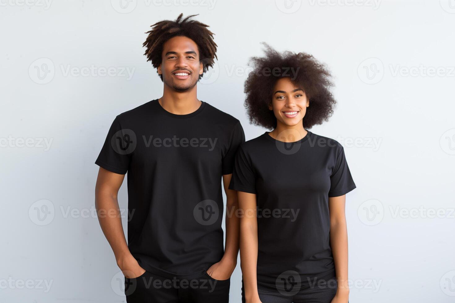 AI generated Young african american couple in blank black t-shirt for clothing mockup photo