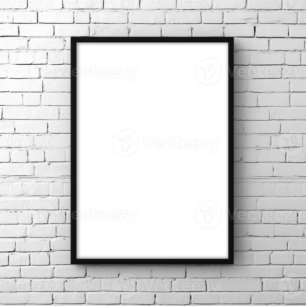 AI generated Empty photo frame mockup hanging on white brick wall background