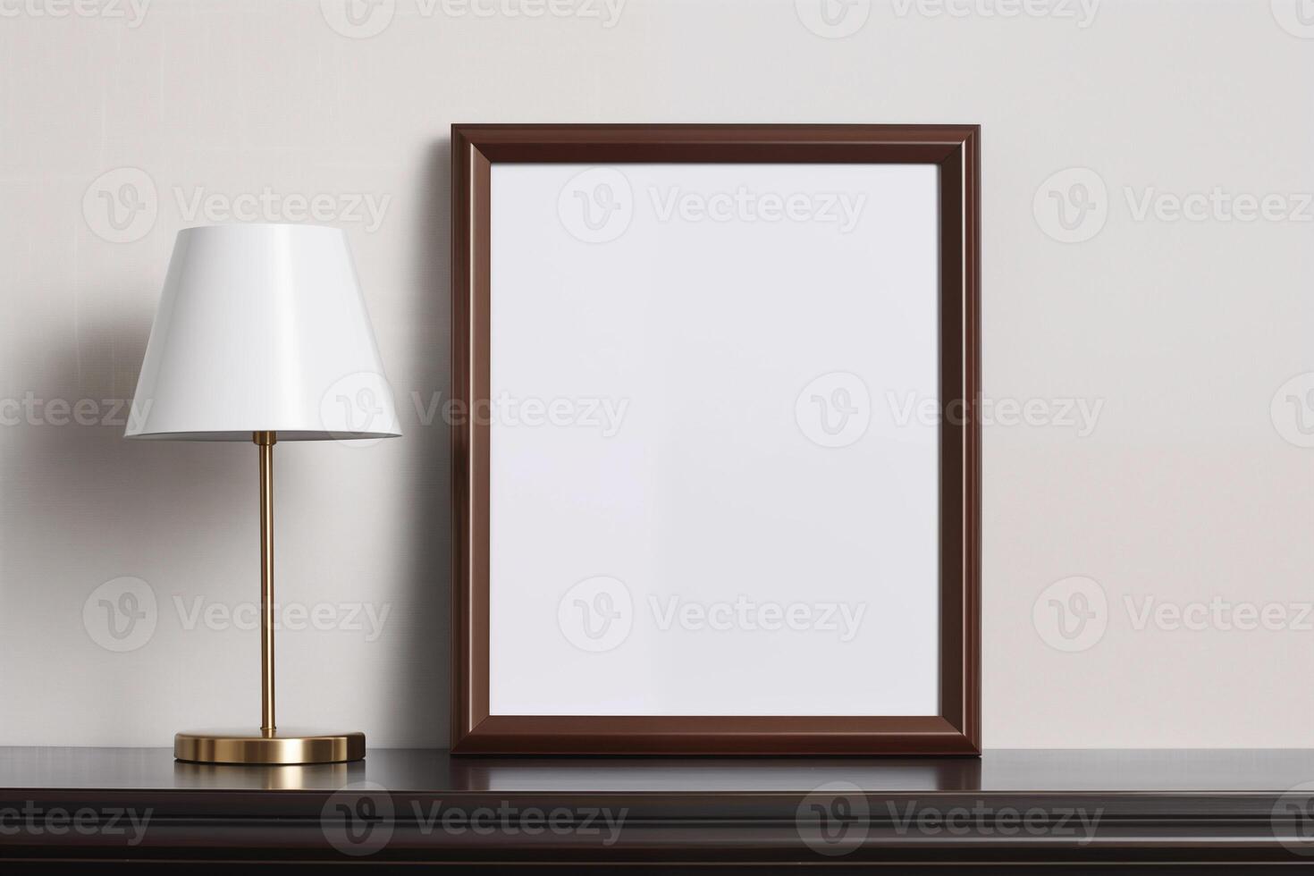 AI generated Empty wooden frame mockup with lamp on wooden table photo