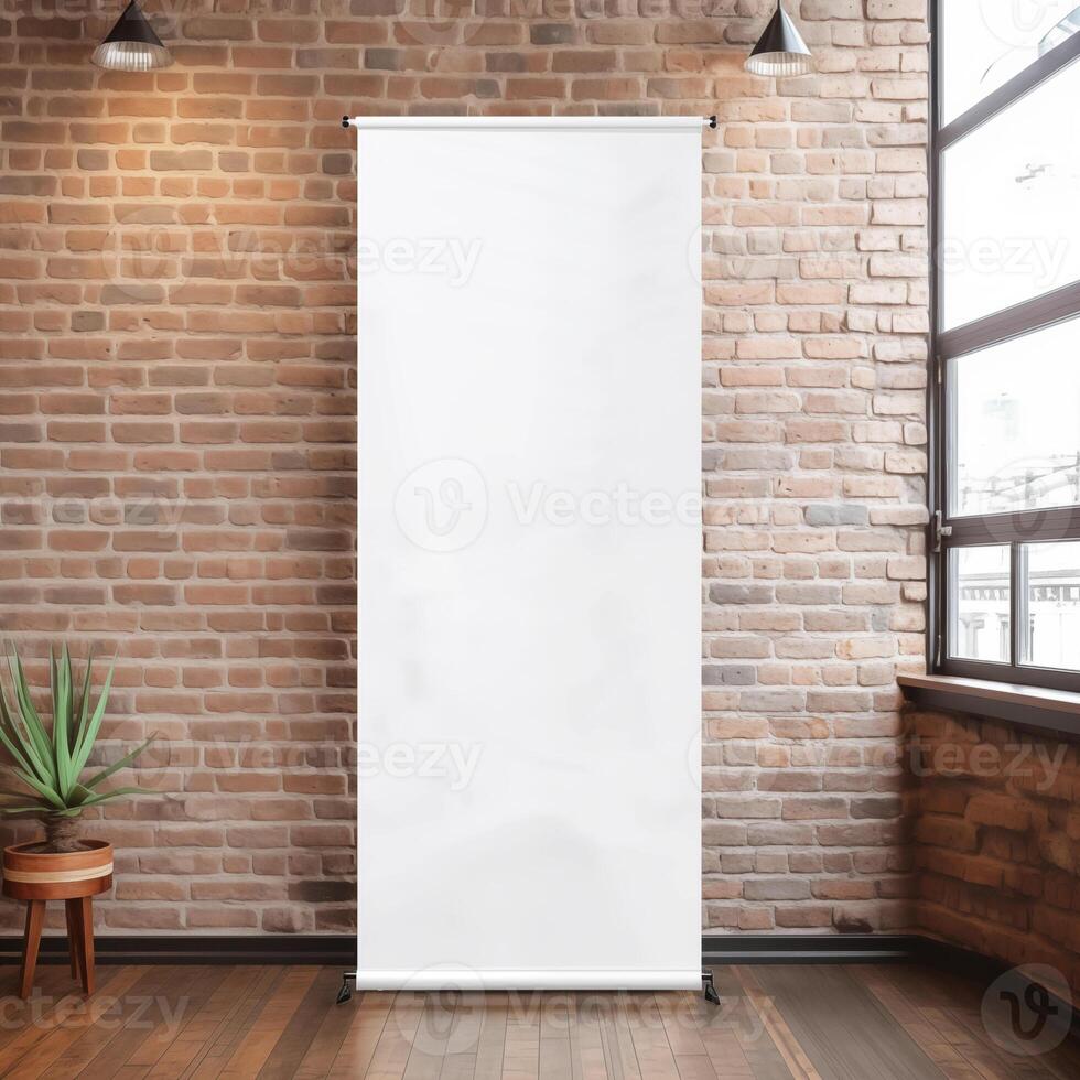 AI generated Blank white roll up banner mockup on brick wall photo