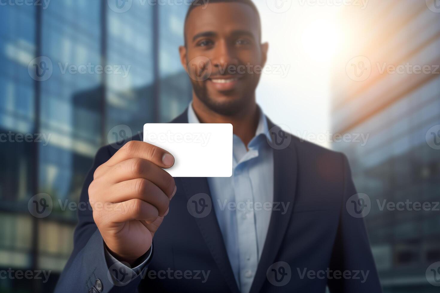 AI generated Black businessman showing blank white business card mockup with office building background photo