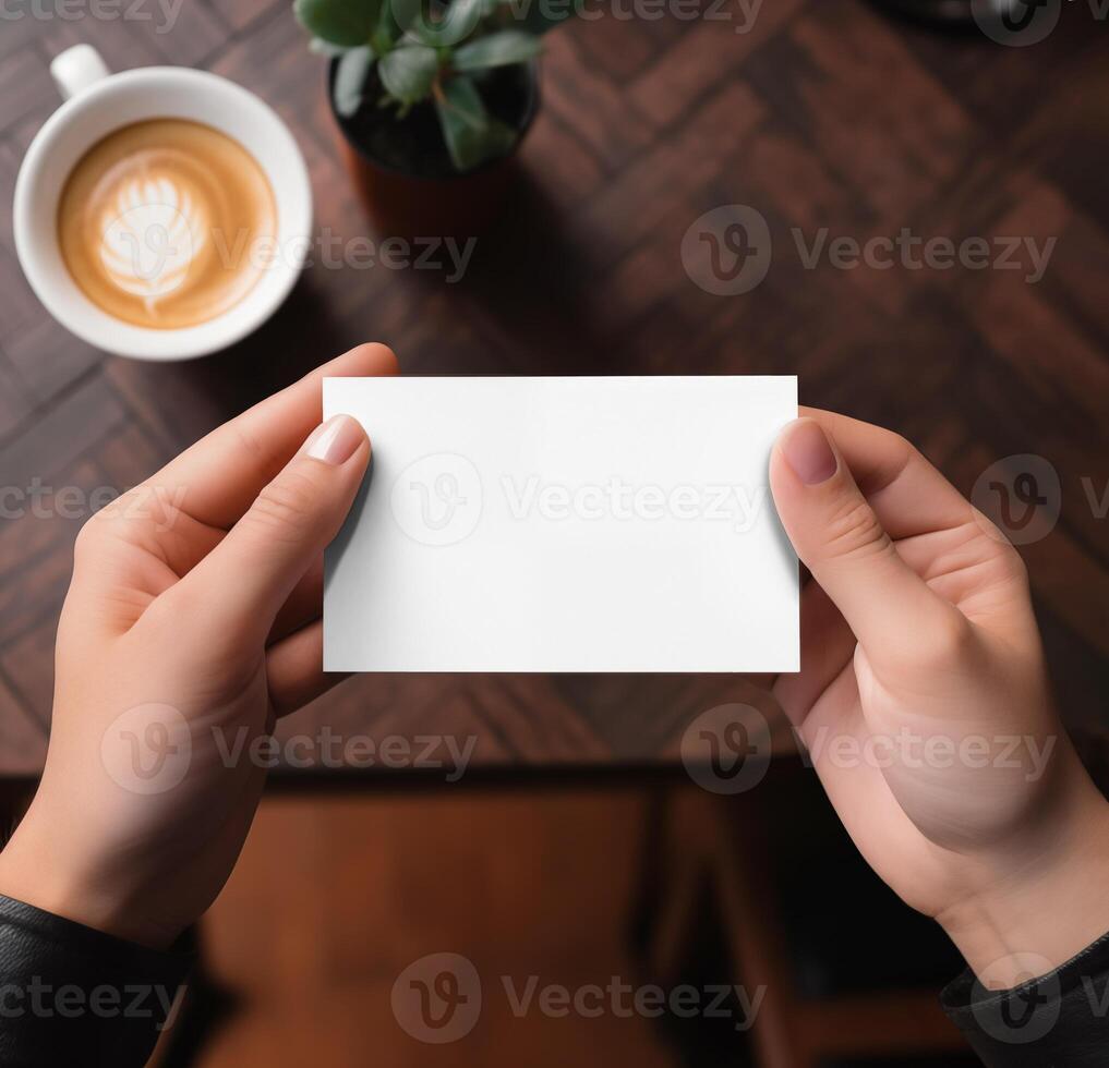 ai generado mano participación blanco blanco negocio tarjeta Bosquejo en mesa antecedentes con café taza foto