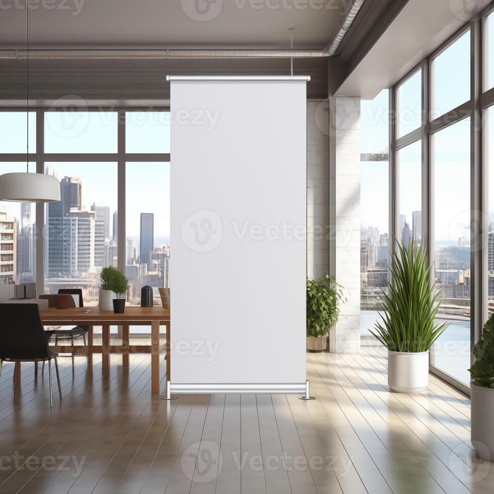 AI generated Blank white roll up banner mockup in office building photo