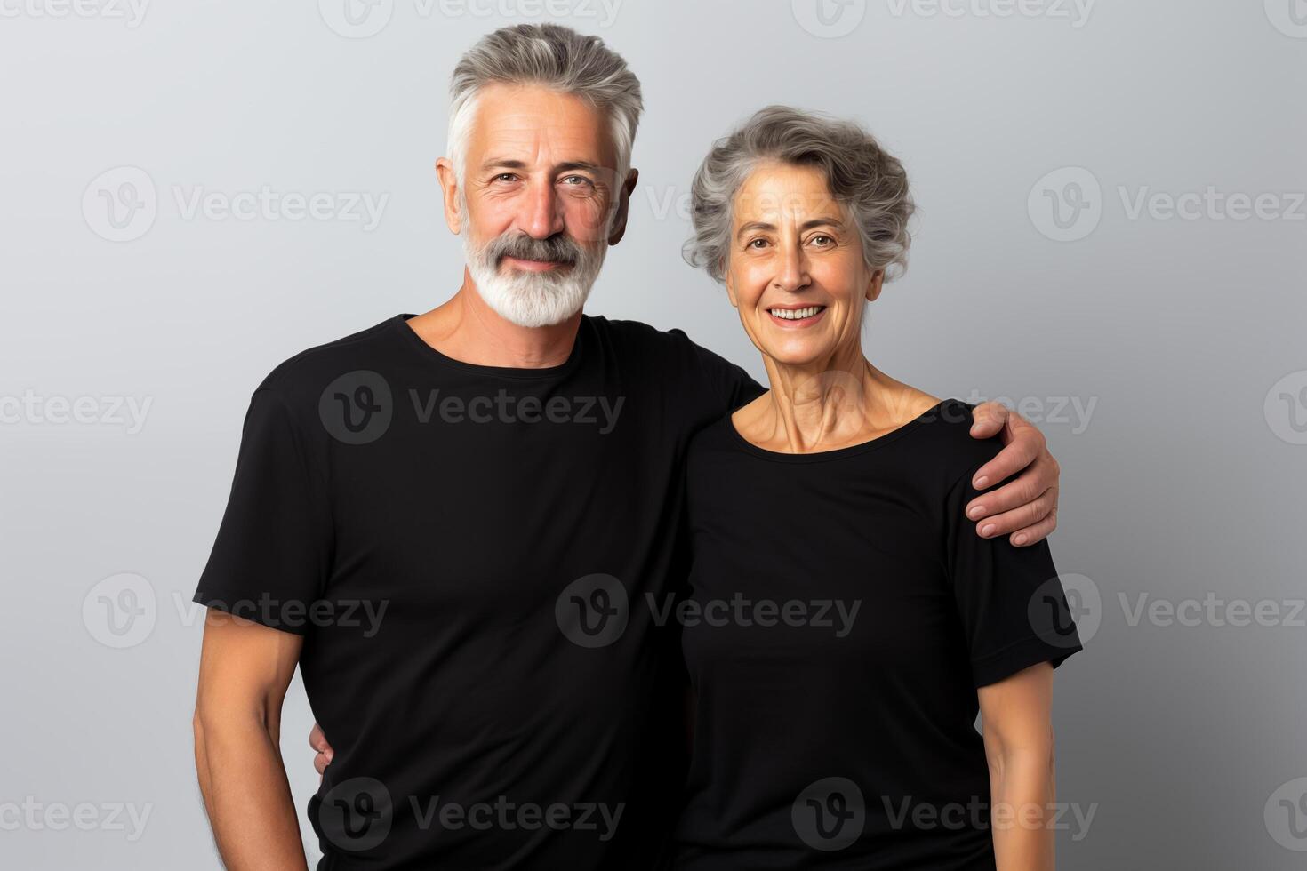 AI generated Elderly couple in black t-shirt on grey background for clothing mockup photo