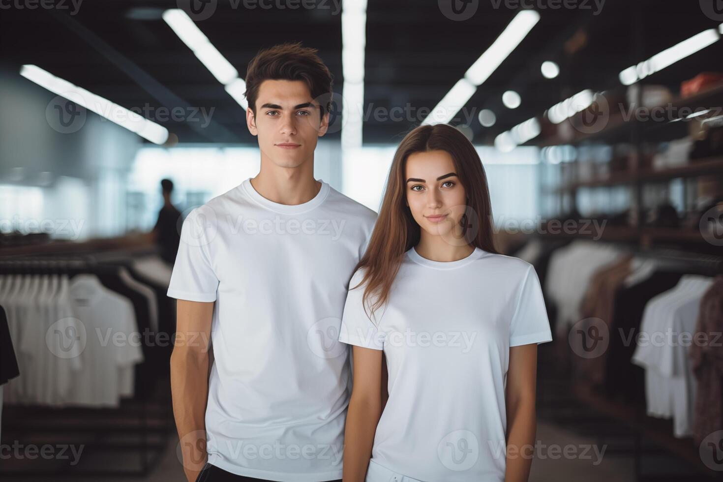 AI generated Young couple in blank white t-shirt on clothing store background photo