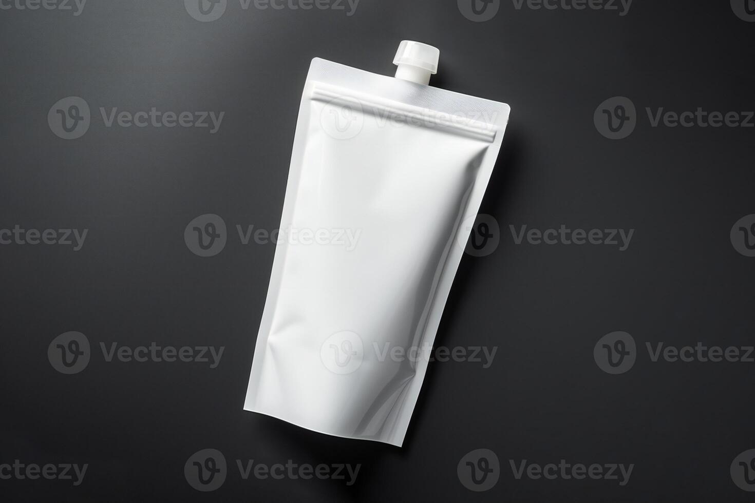 AI generated Spout pouch mockup flat lay on black background photo