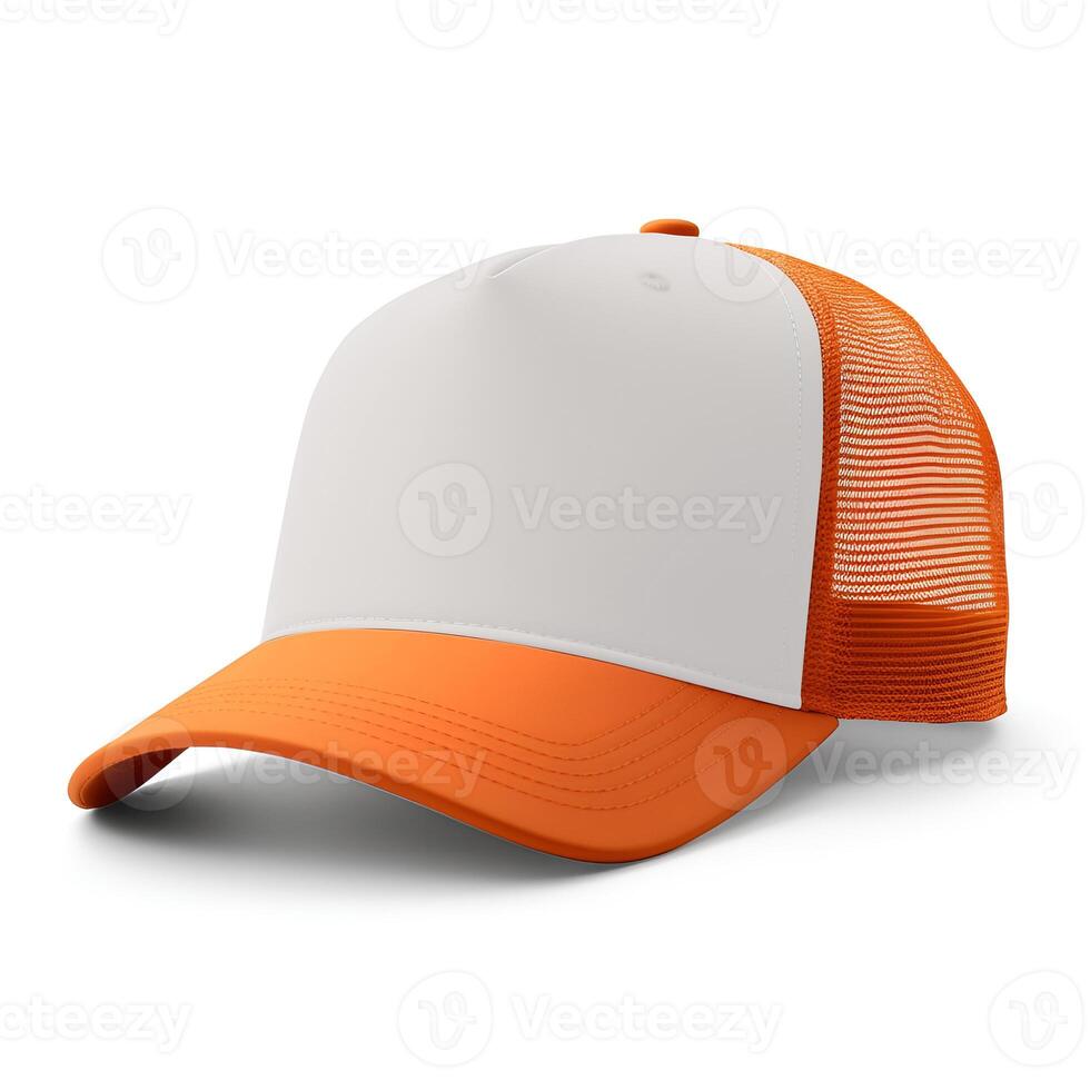 AI generated Orange and white trucker hat mockup, front side view on white background photo