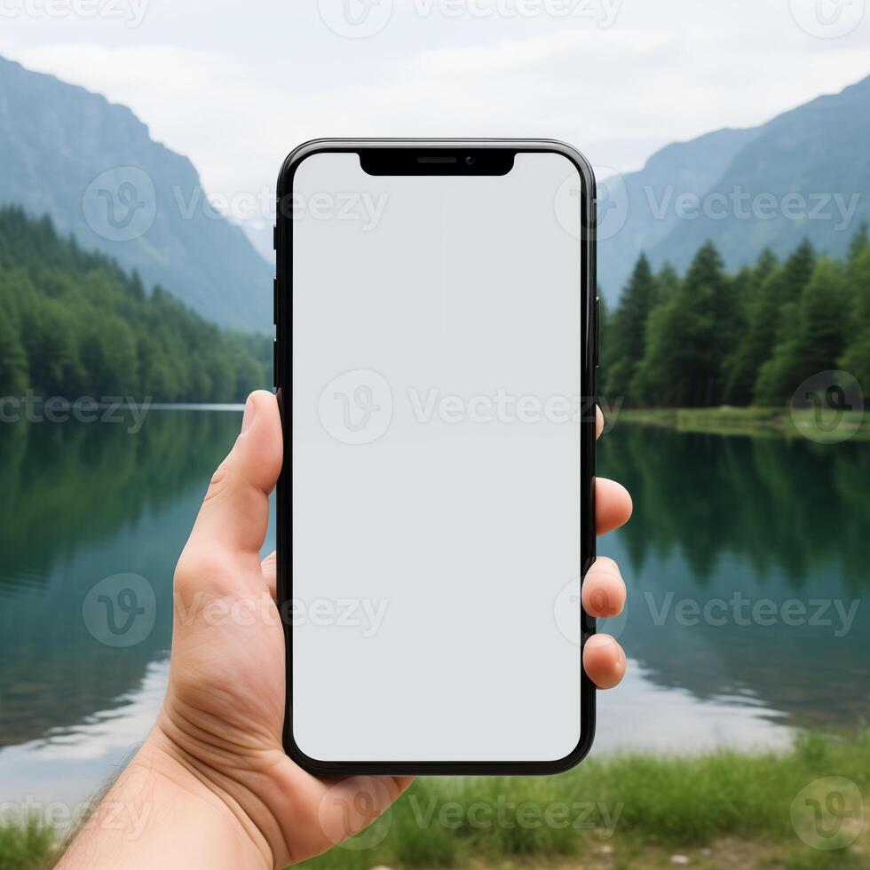 AI generated Hand holding blank white screen smartphone on nature background photo