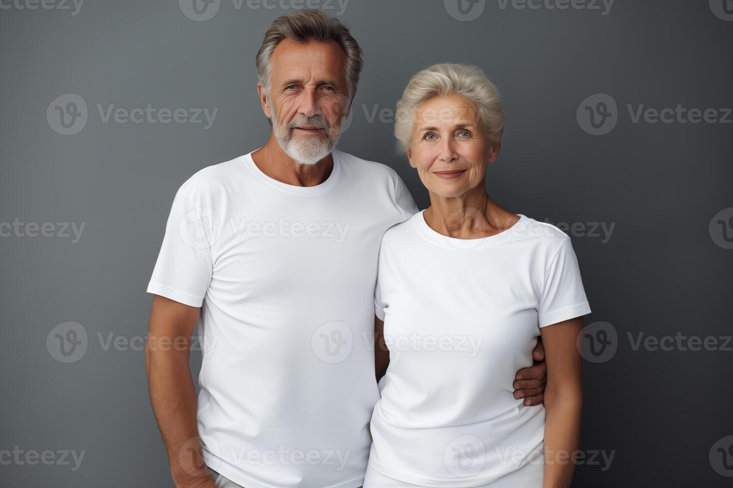 AI generated Elderly couple in blank white t-shirt on dark gray background for mockup photo
