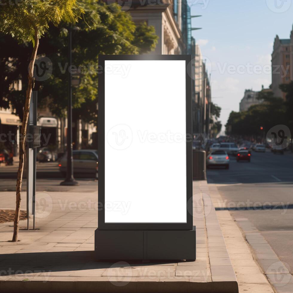 ai generado blanco cartelera Bosquejo en acera con edificio y ciudad la carretera antecedentes foto