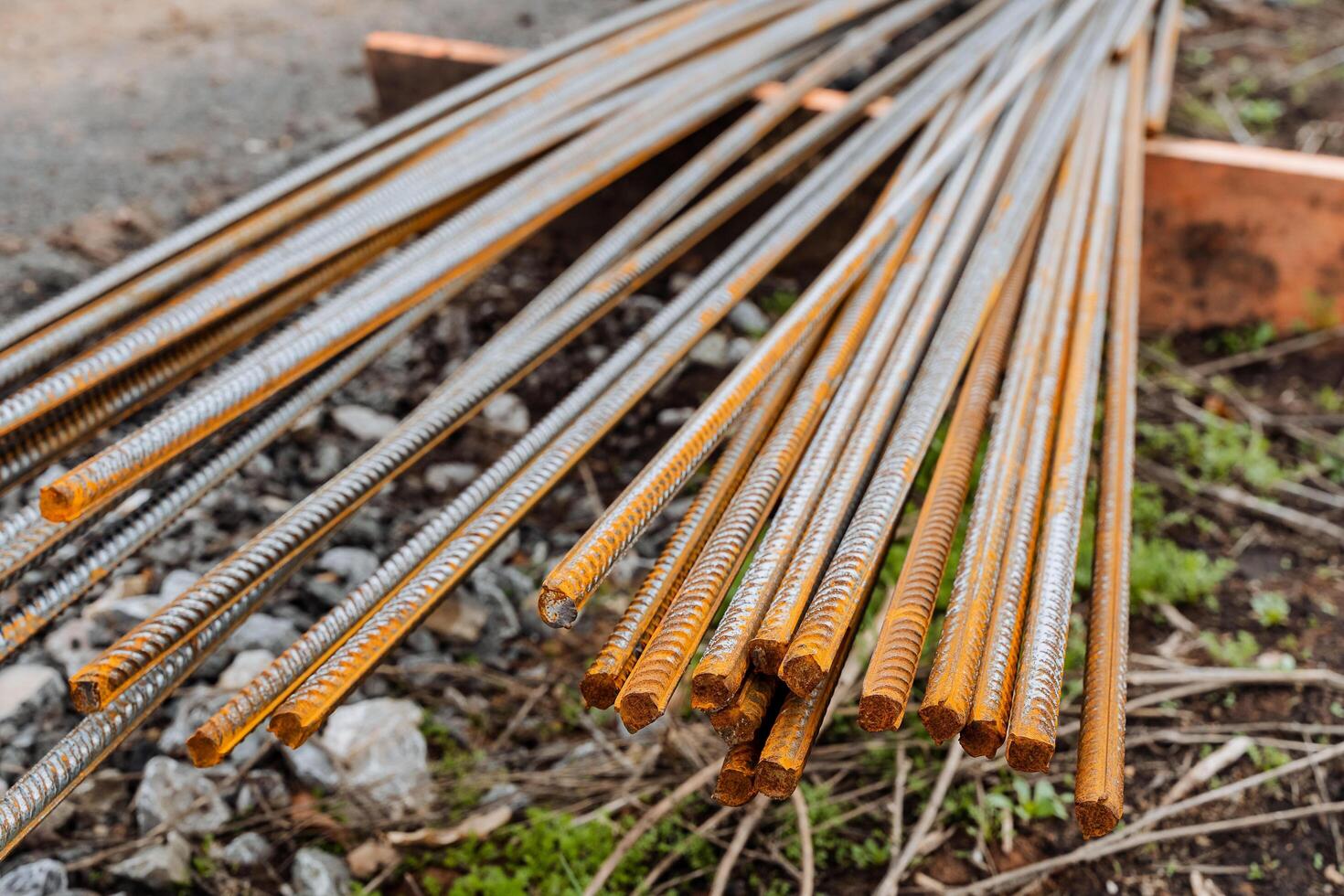 Rebar shot close-up, iron bars, building material, a bunch of metal rods, rust on metal, construction reinforcement. photo