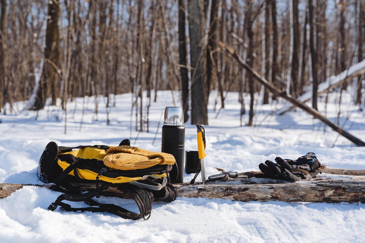 Lunch in the winter forest during the hike. Tourist parking, a yellow backpack lies on the snow, a thermos with tea. photo