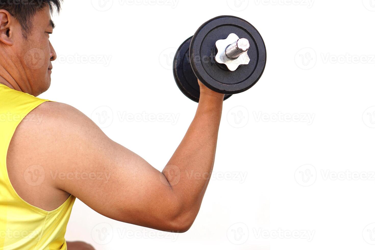 Close up man lifts dumbbell isolated on white background. Concept, sport equipment. Exercise for health bodybuilding. Strengthen muscle. Weight lifting. Healthy lifestyle. photo