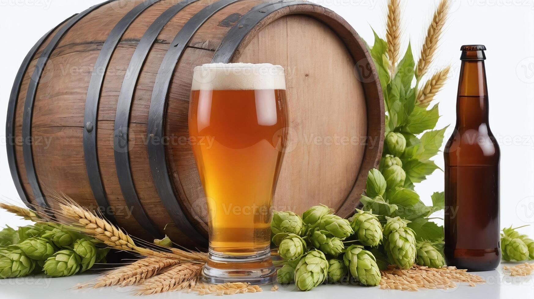 AI generated BrewerS Bounty Still Life Featuring Beer Barrel Wheat And Hops. AI Generated photo