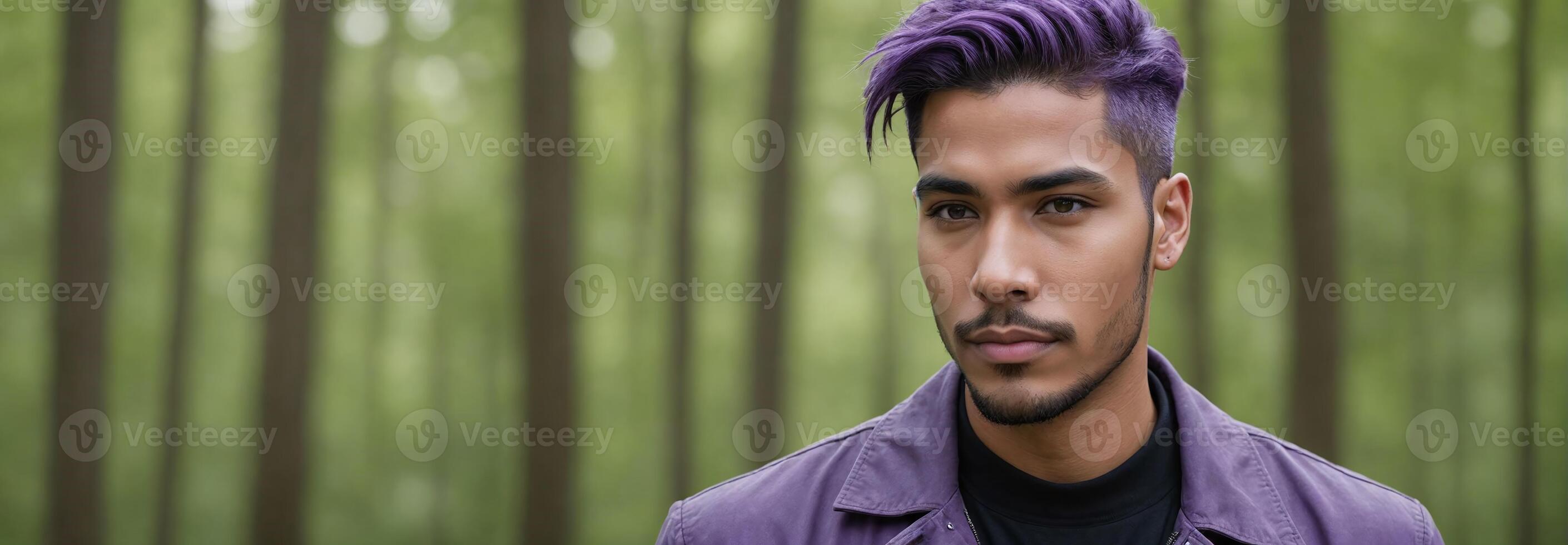 AI generated Midshot Portrait Photo Of A Thoughtful Handsome Male Model With A Purple Hair Isolated On A Forestgreen Background With Copy Space Banner Template. AI Generated