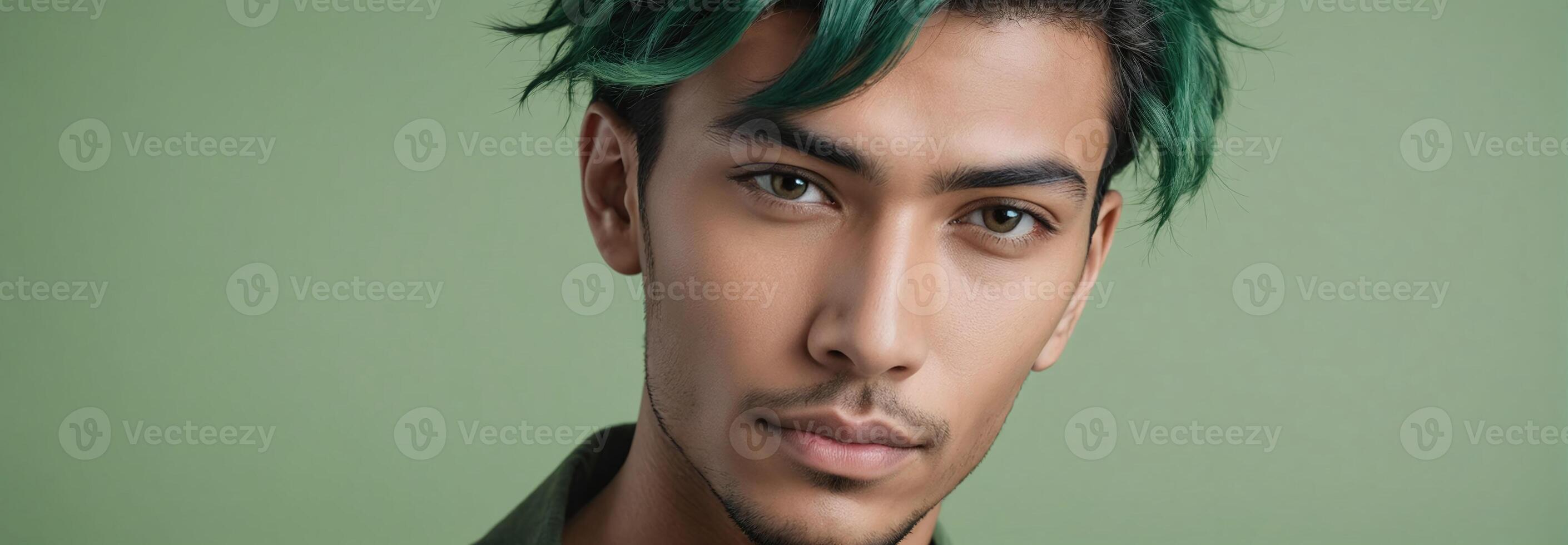 AI generated Midshot Portrait Photo Of A Humiliated Handsome Male Model With A Dark Green Hair Isolated On A Lightgreen Background With Copy Space Banner Template. AI Generated