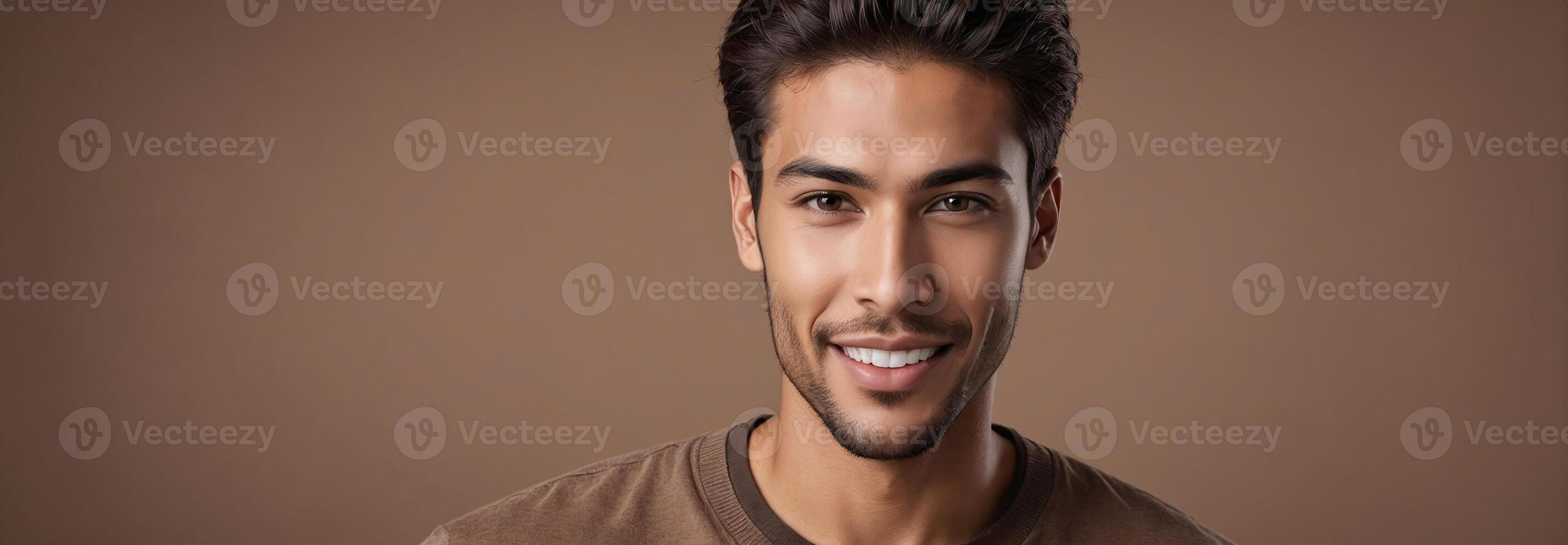 ai generado tiro medio retrato foto de un entusiasta hermoso masculino modelo con un marrón pelo aislado en un marrón antecedentes con Copiar espacio bandera modelo. ai generado