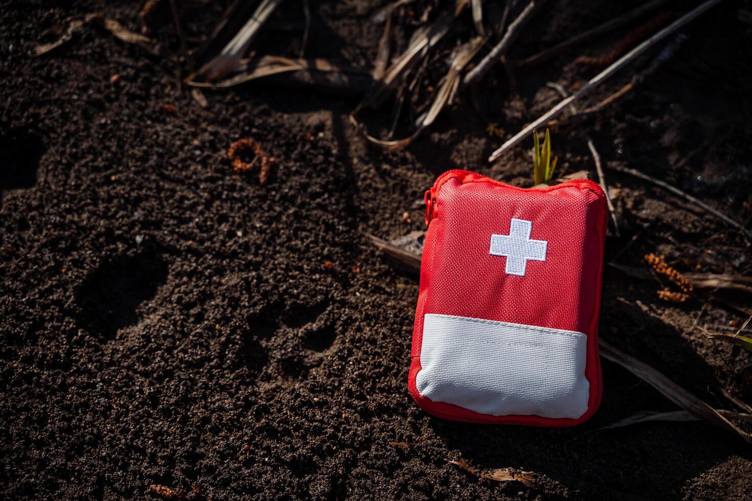 un rojo primero ayuda equipo mentiras en el suelo. medicina bolsa. primero ayuda en un caminata en el bosque, emergencia cuidado para cortes foto