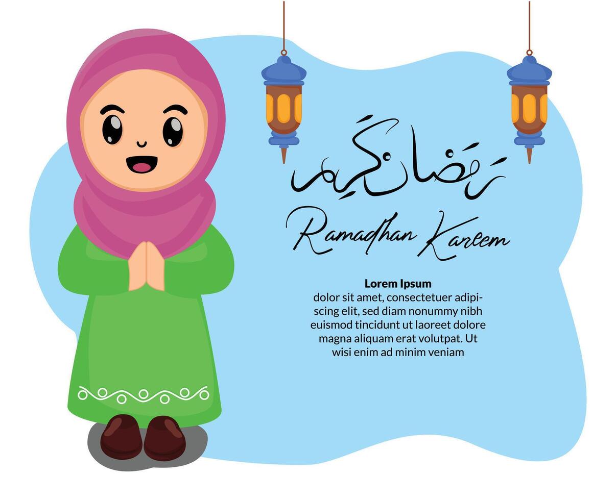 Cute muslim girl at ramadan kareem cartoon illustration vector