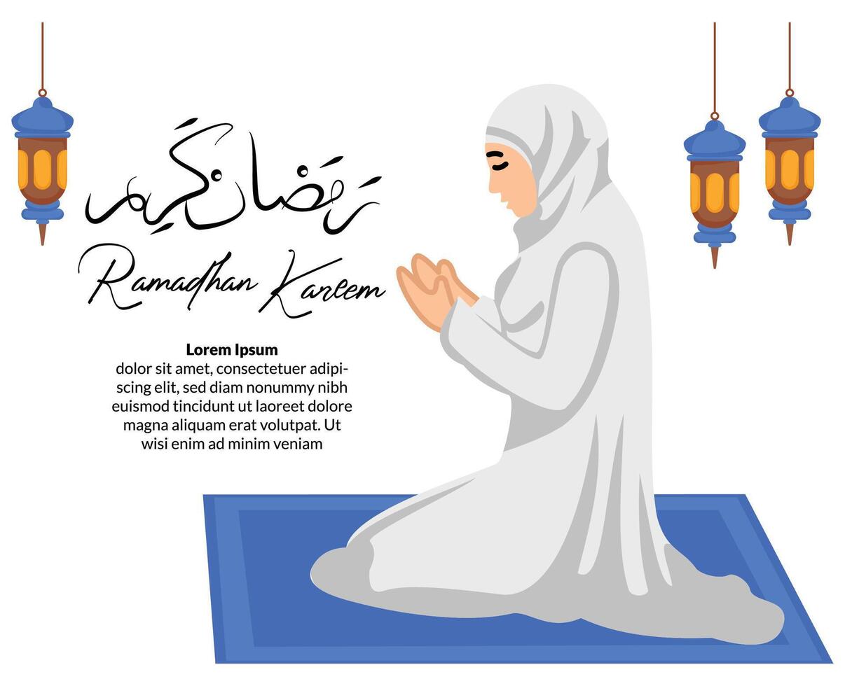 musulmán mujer sentado en el oración alfombra mientras Orando en ramadhan mes vector