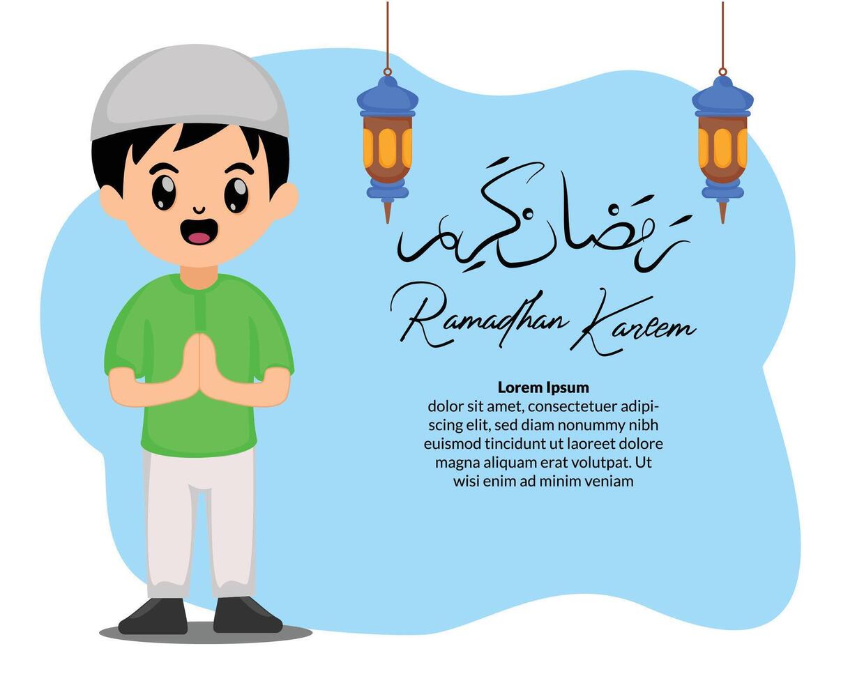 cute muslim boy greeting happy ramadan kareem vector