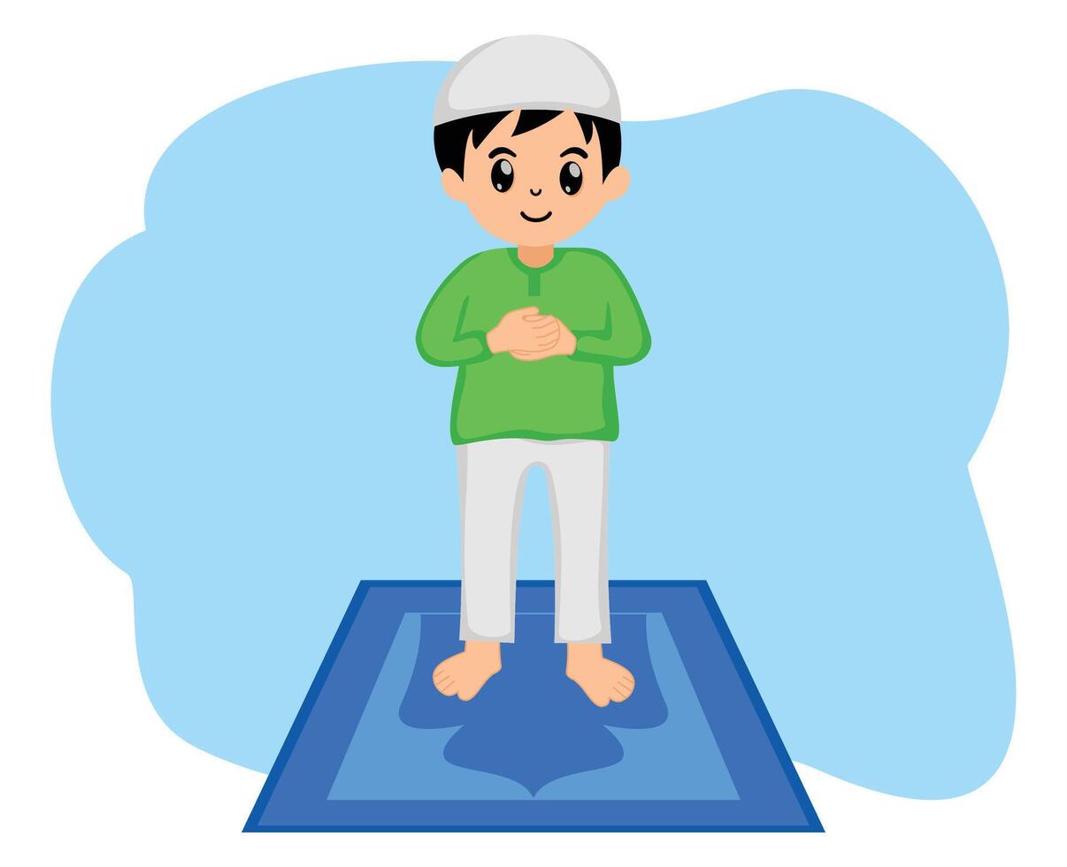 cute boy muslim doing shalat gesture vector