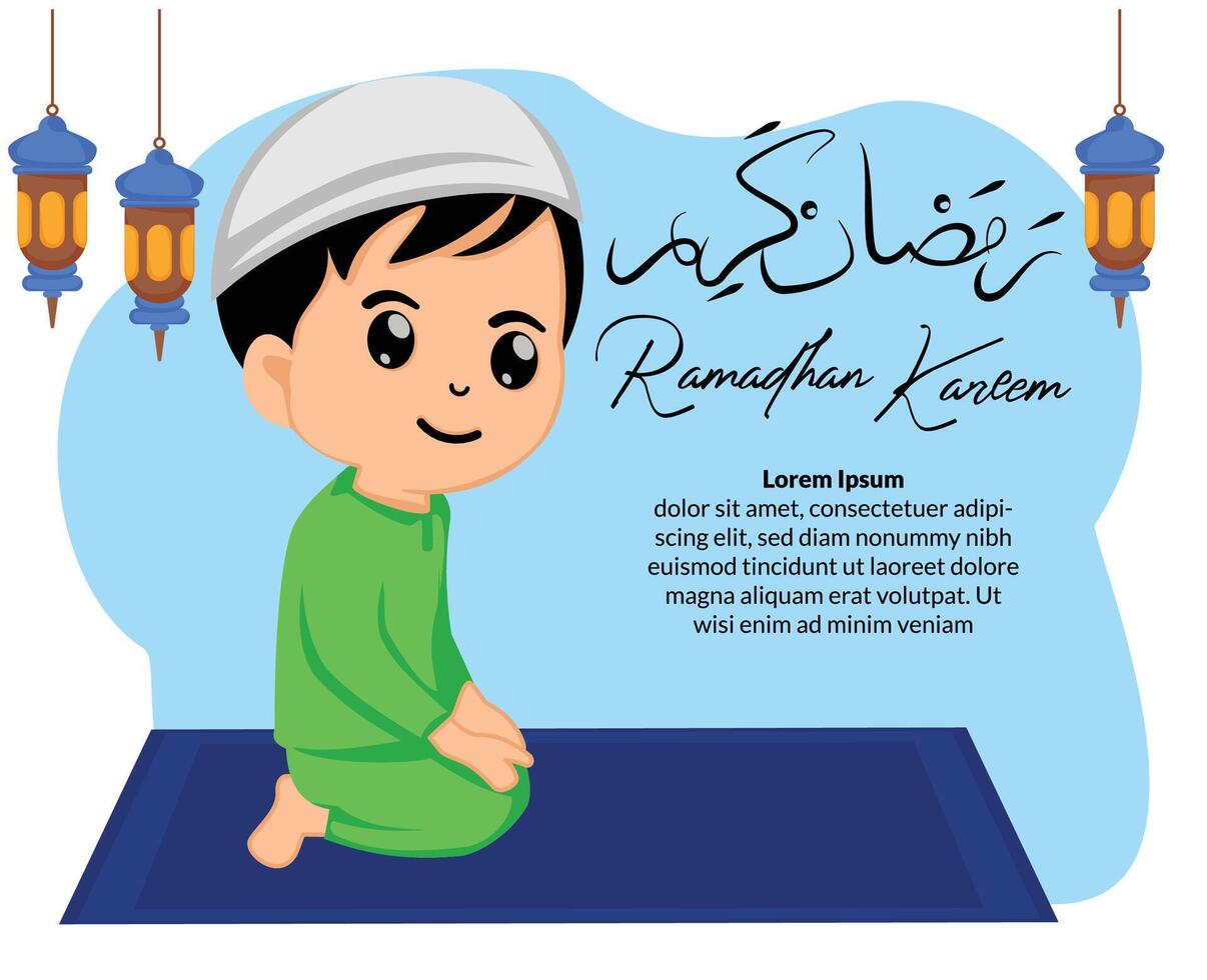 cute muslim kid praying in ramadhan month vector