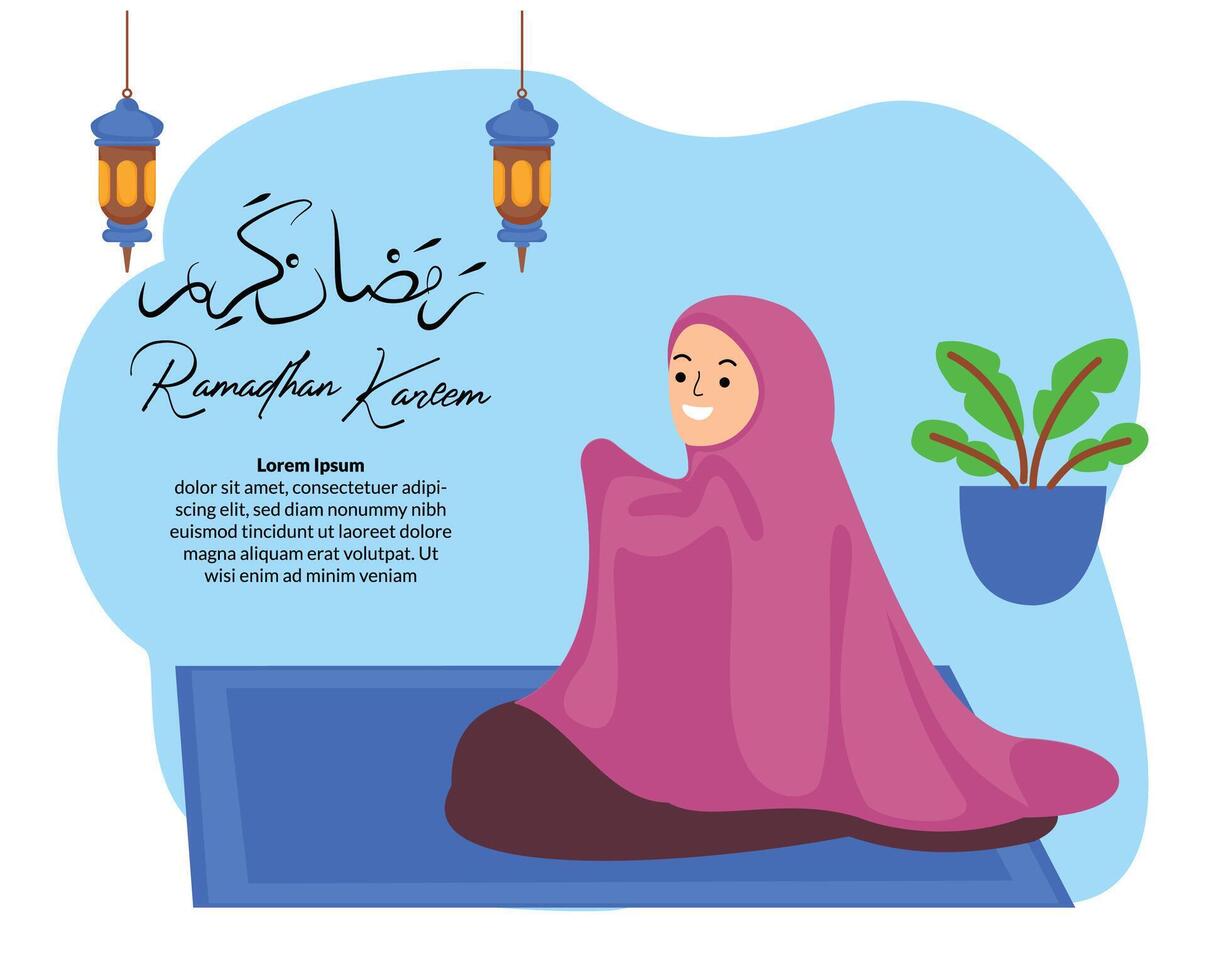 illustration of woman muslim praying in home vector