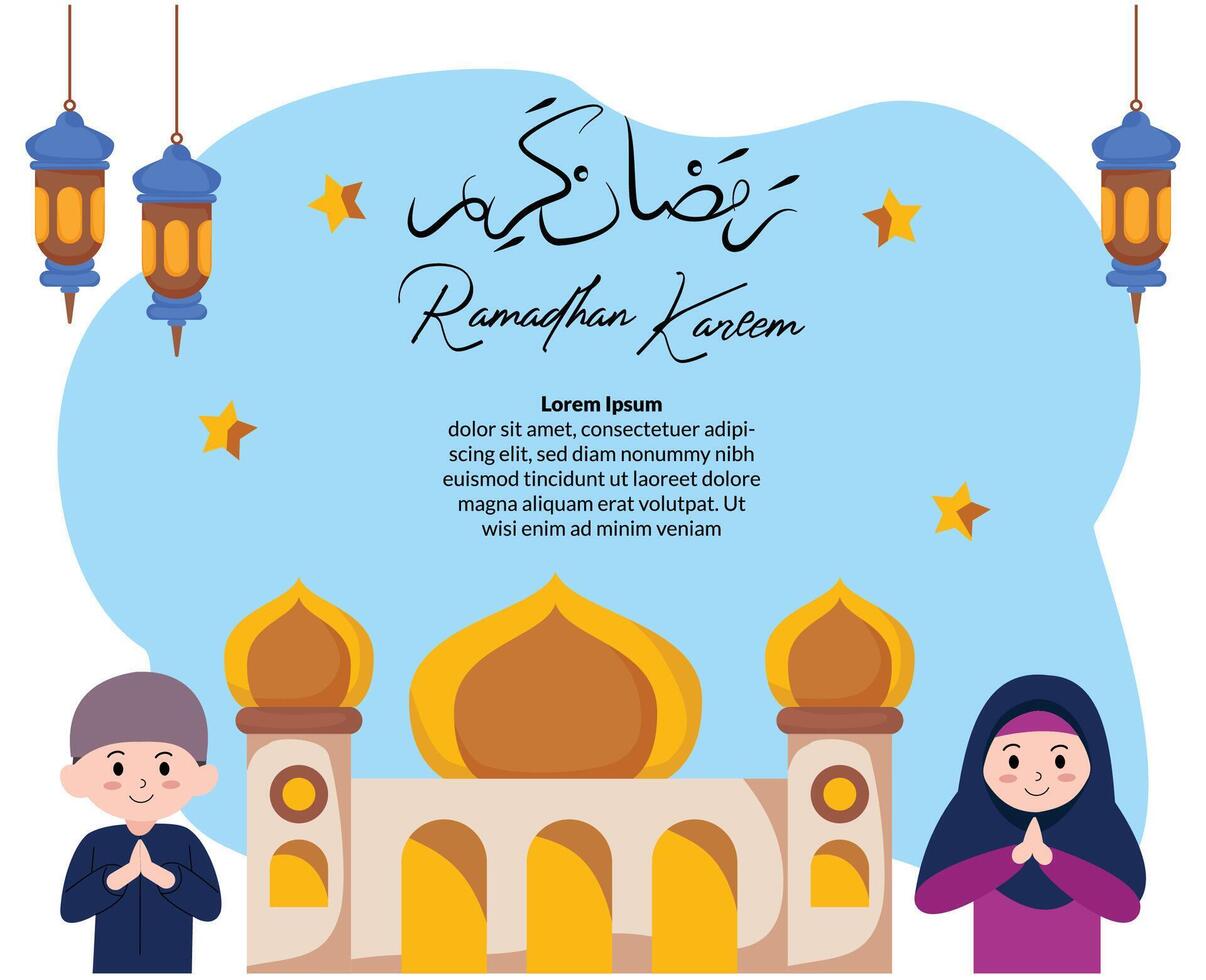 ramadan kareem greeting background with cute muslim kids character vector