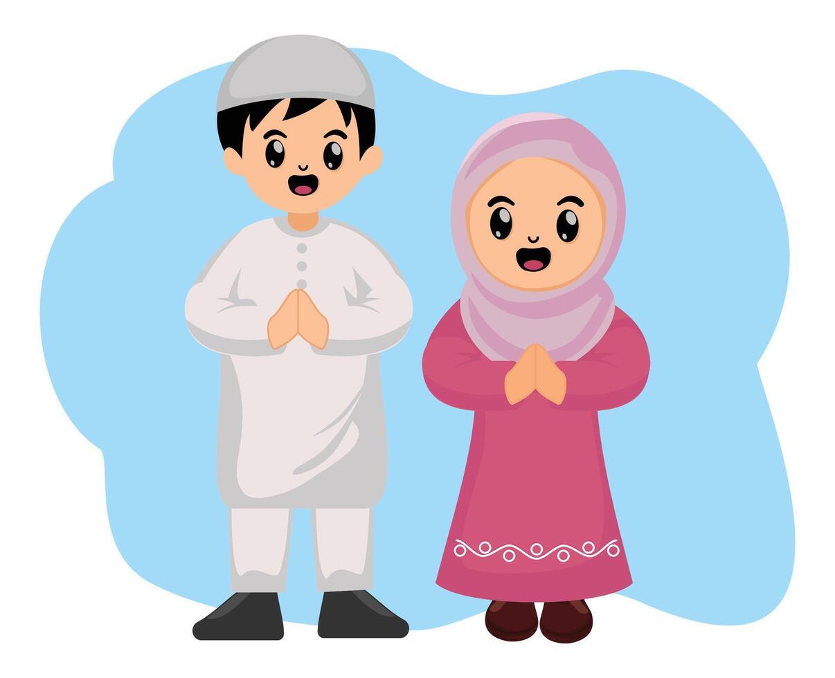 cute cartoon muslim kid couple saying happy greeting ramadan vector