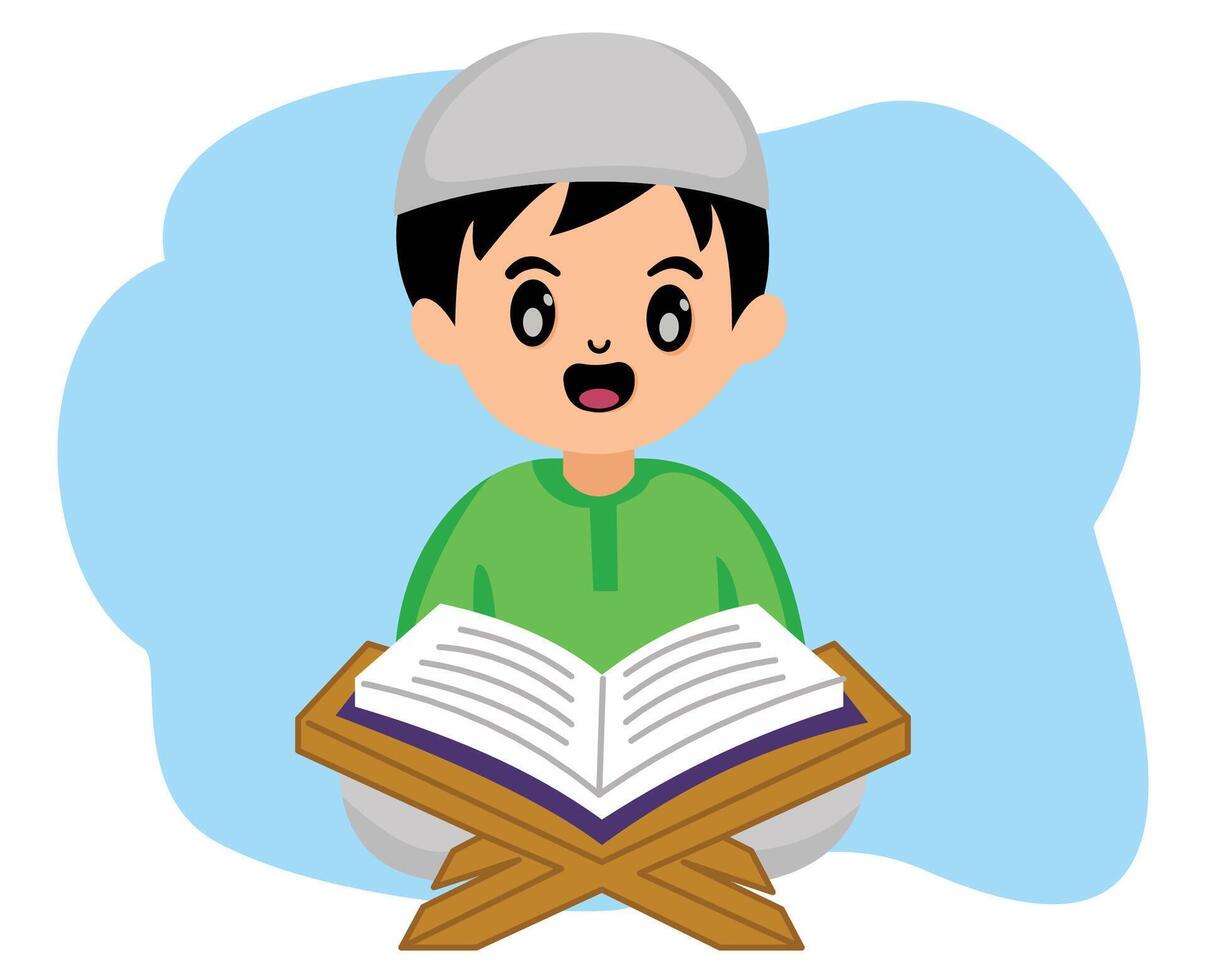 cute cartoon muslim boy reading holy Quran in month ramadan fasting vector