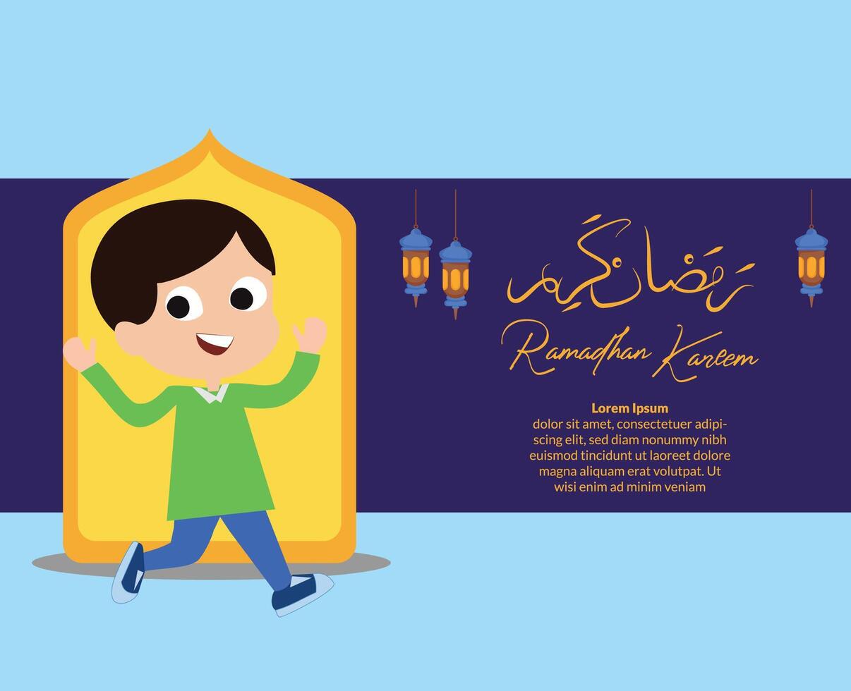 happy ramadhan kareem greeting card background with cartoon kid cute muslim boy vector