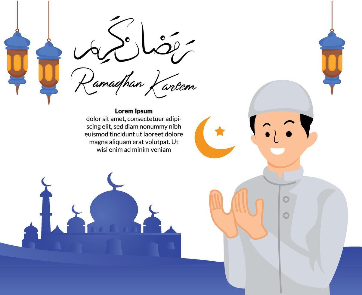 muslim man praying with ramadhan kareem greeting background vector