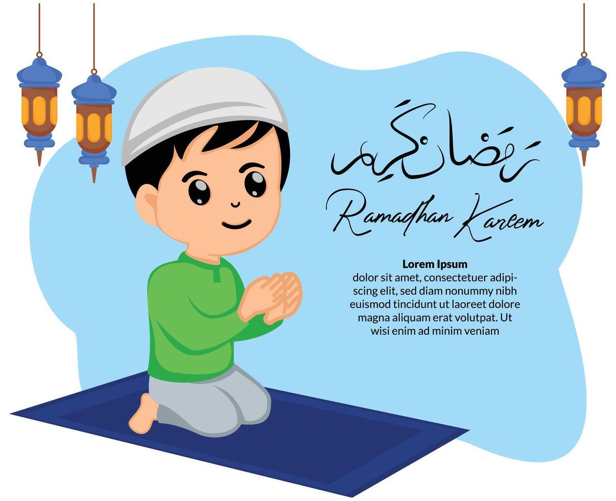 linda musulmán chico sentado en el oración alfombra mientras Orando en ramadhan mes vector