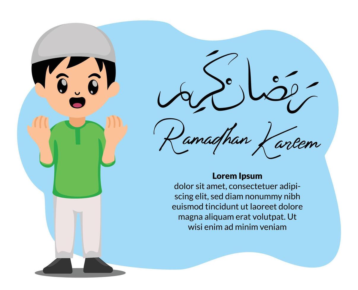 dibujos animados linda musulmán chico Orando contento Ramadán kareem vector