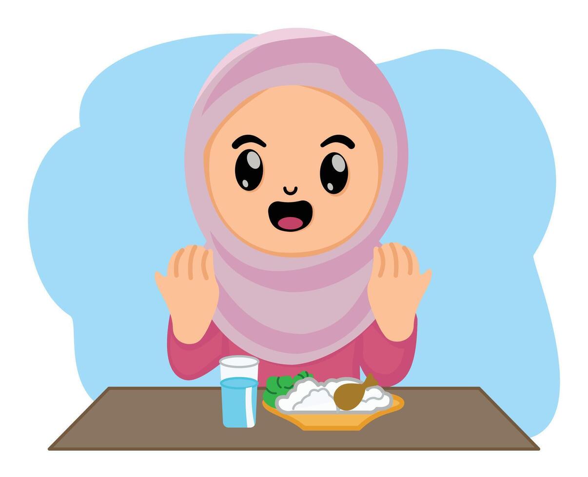 iftar dinner muslim kid girl in the month of ramadan kareem vector