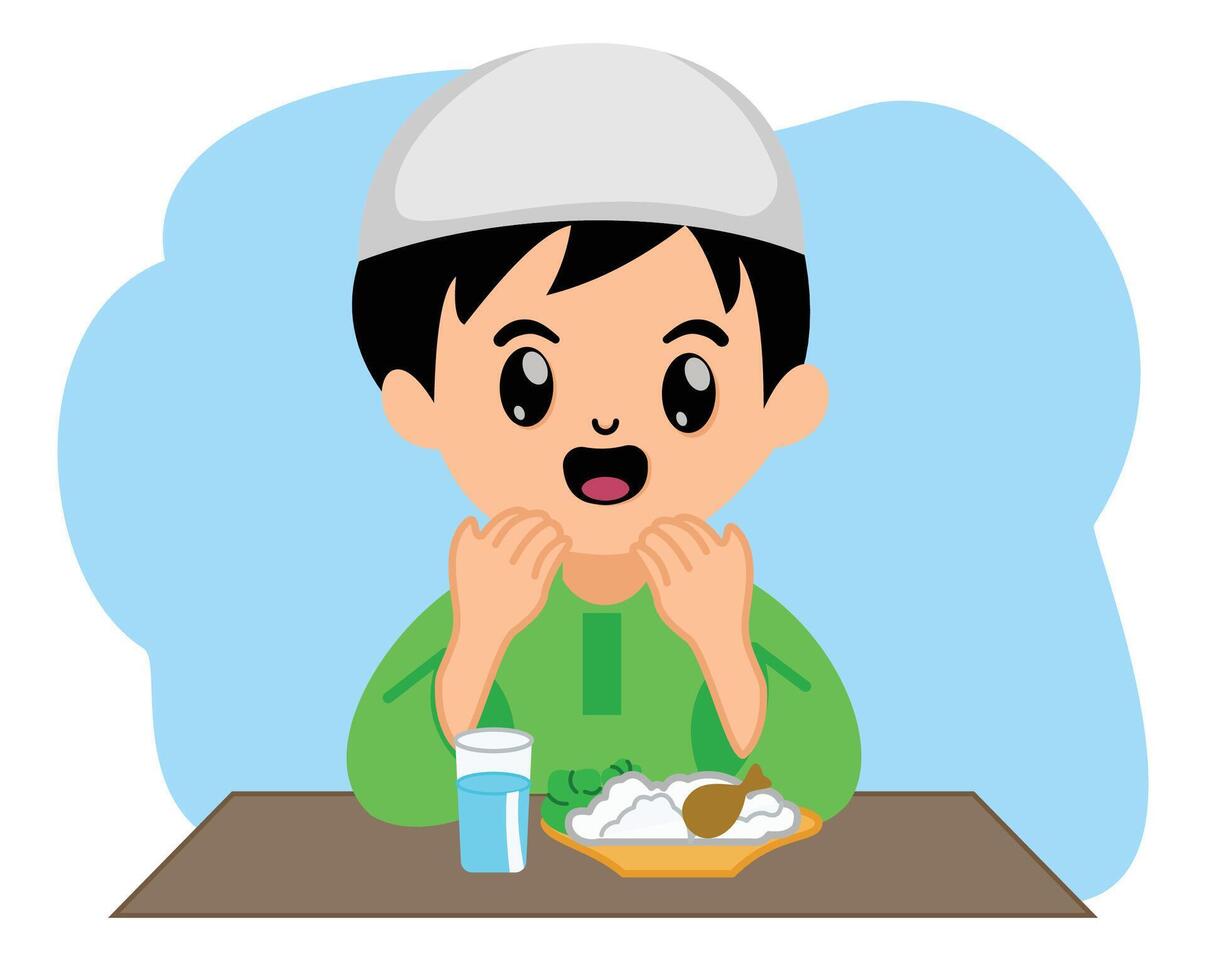 iftar dinner muslim kid boy in the month of ramadan kareem vector