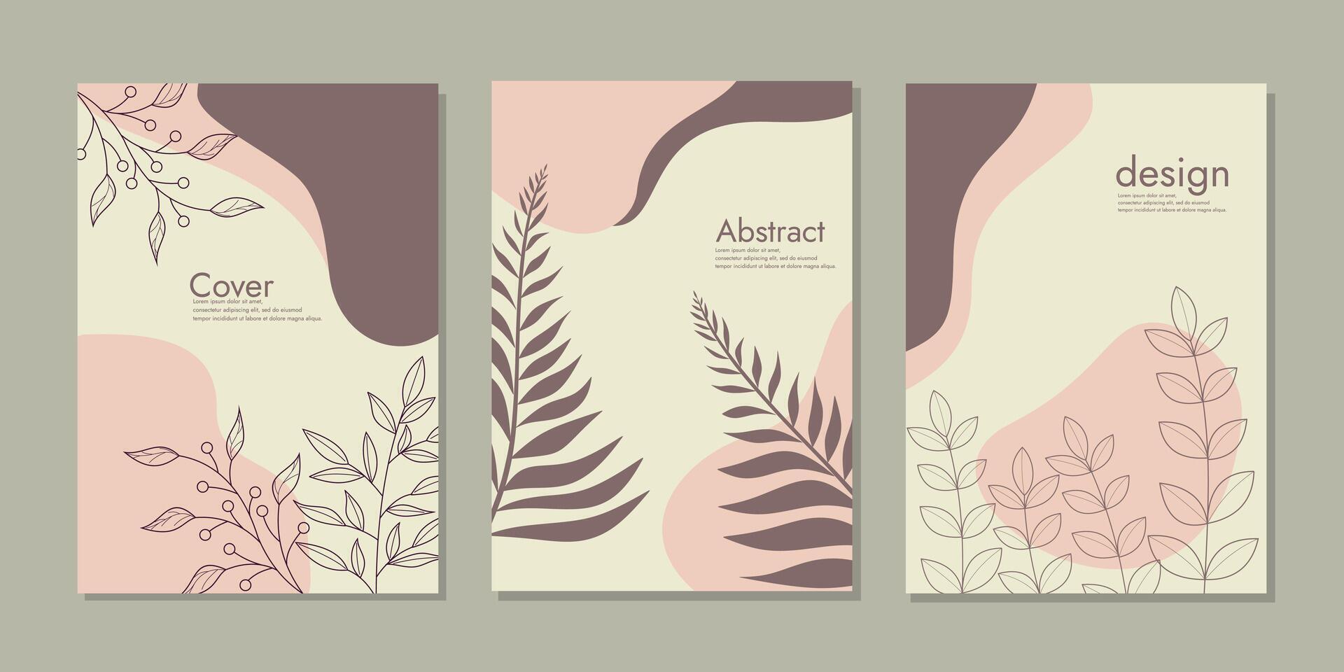 set of abstract contemporary cover with hand drawn floral  in boho style. Mid century minimalist background for book cover template for annual report, magazine, catalog, proposal, portfolio vector