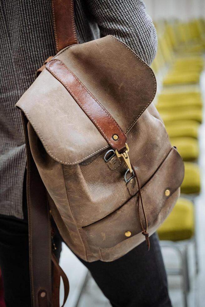 Stylish leather backpack crumpled, handmade genuine leather bag. Classic style. photo