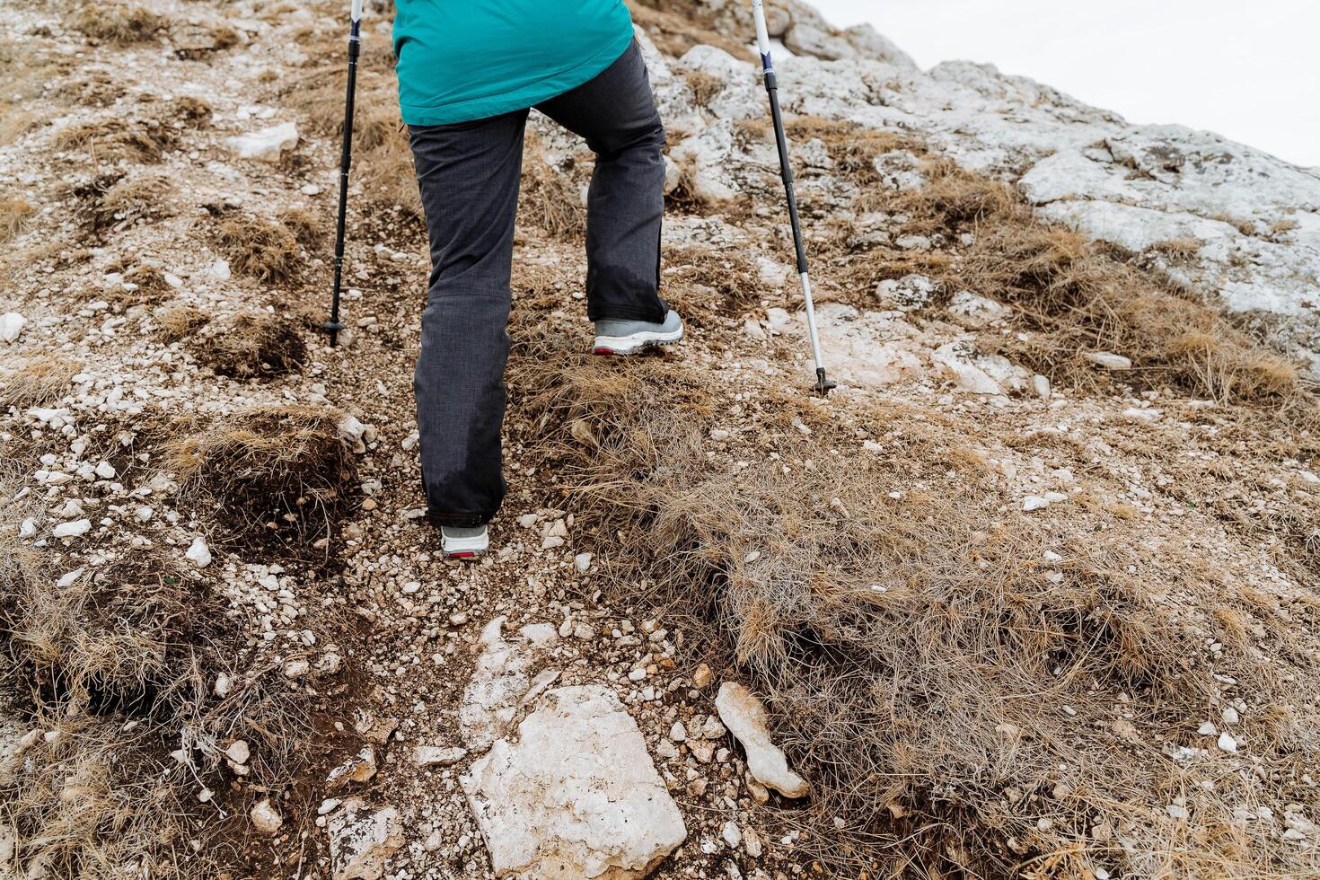 Feet walking along the trail, the concept of Nordic walking on the road using sticks, relying on sticks, stepping to the side, the tourist goes uphill, the view from behind to the legs. photo