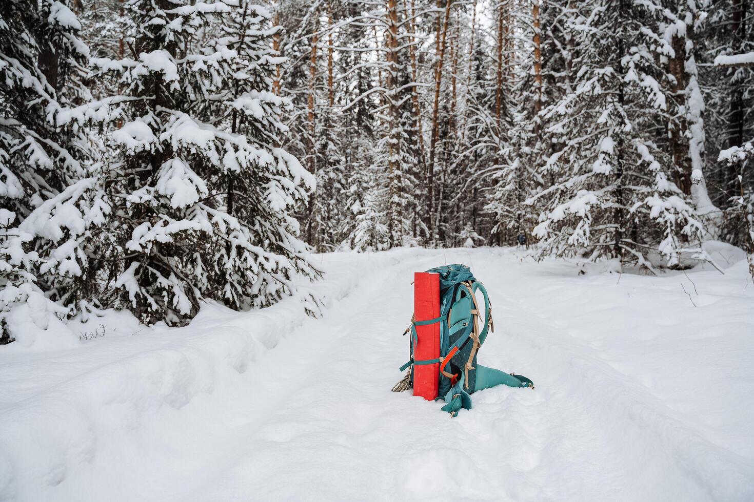 A bright hiking backpack on the snow. A climbing rope and mat for overnight stay are tied to a backpack. Hiking in winter. Rocks and forests photo