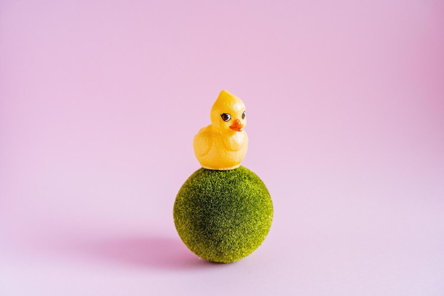 Cute yellow duck on a green ball. Decorative lawn ball. Cute little things. Rubber bath duck. photo