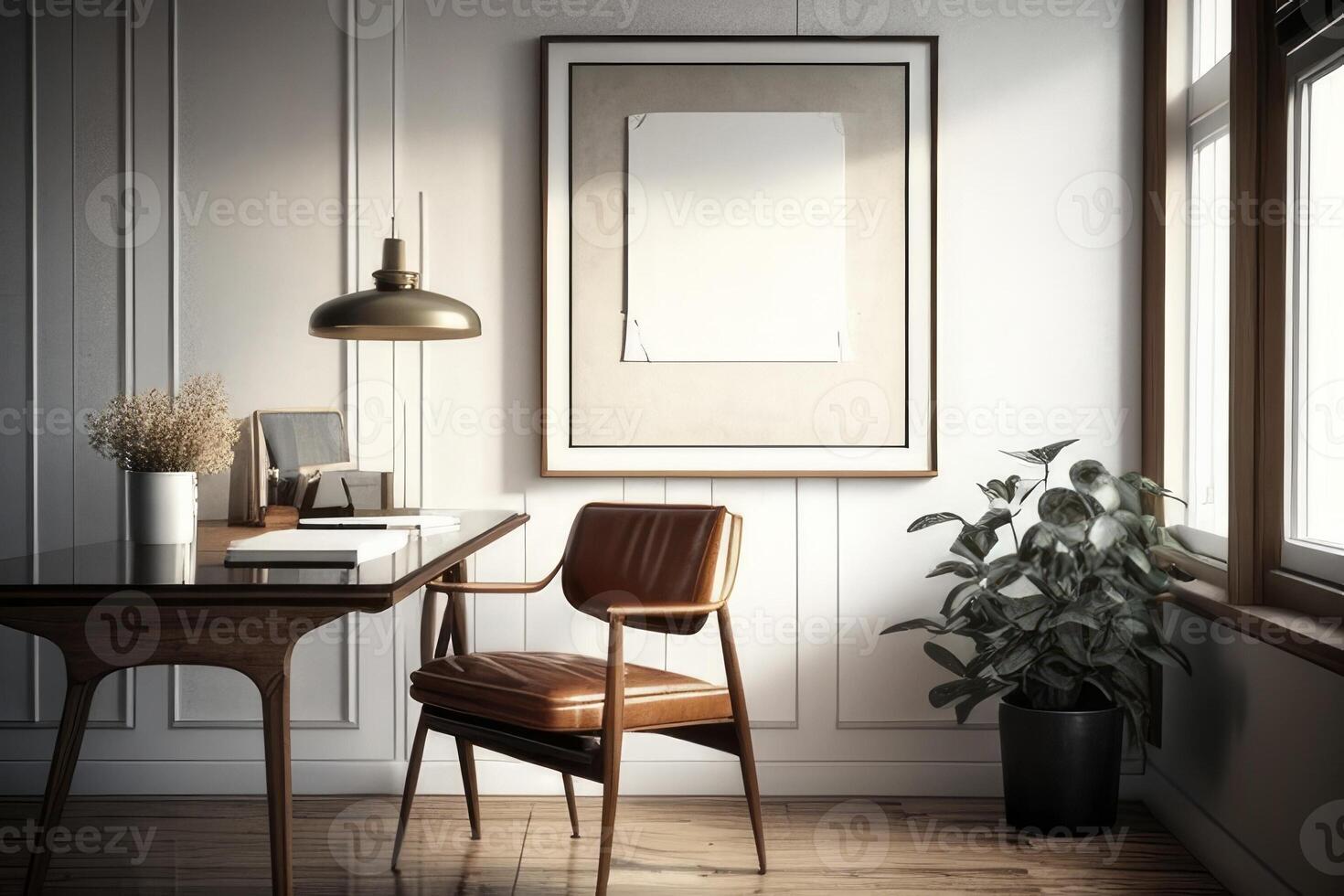 AI generated Interior of modern office with white walls, wooden floor, comfortable brown armchair and window with sunlight. Mock up poster frame. 3d rendering photo