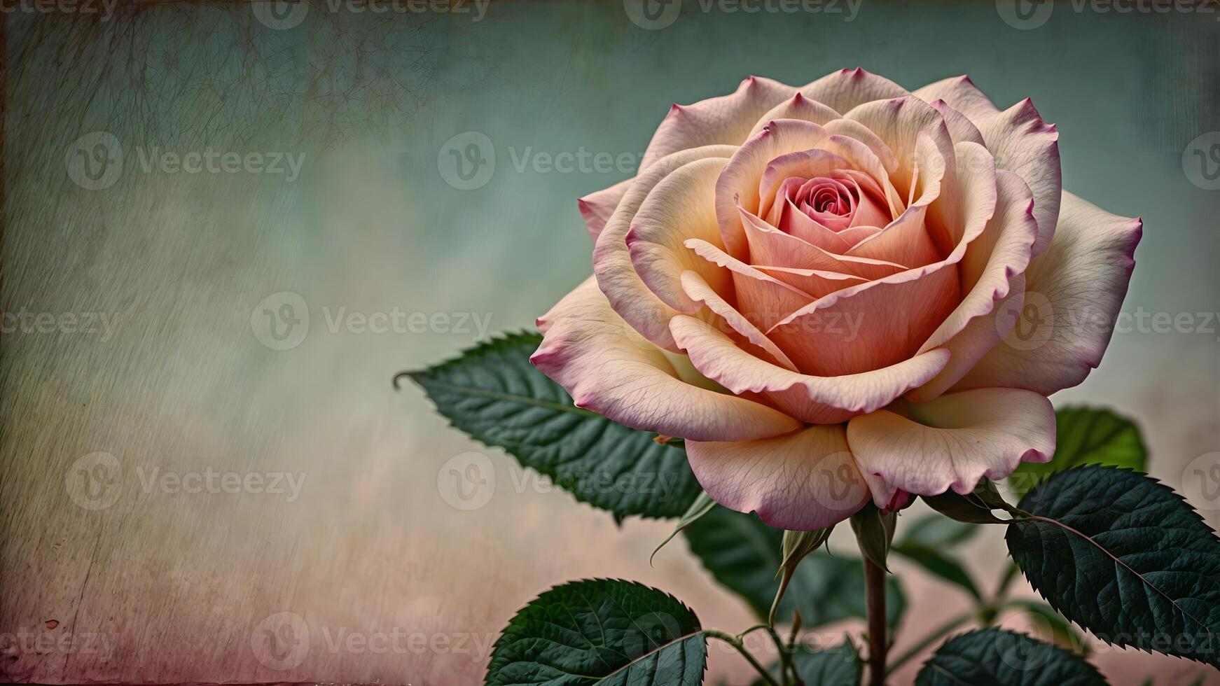 AI generated Luxurious pink rose bloom surrounded by vibrant green leaves against a rustic grungy background, evoking a sense of beauty amidst the chaos. photo