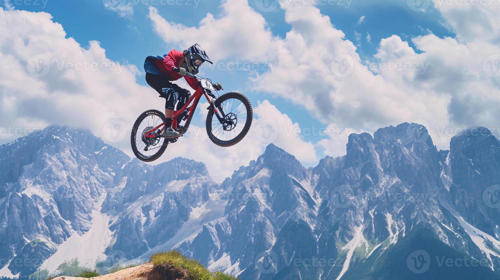 AI generated a mountain biker soaring through the air against a breathtaking mountainous backdrop photo
