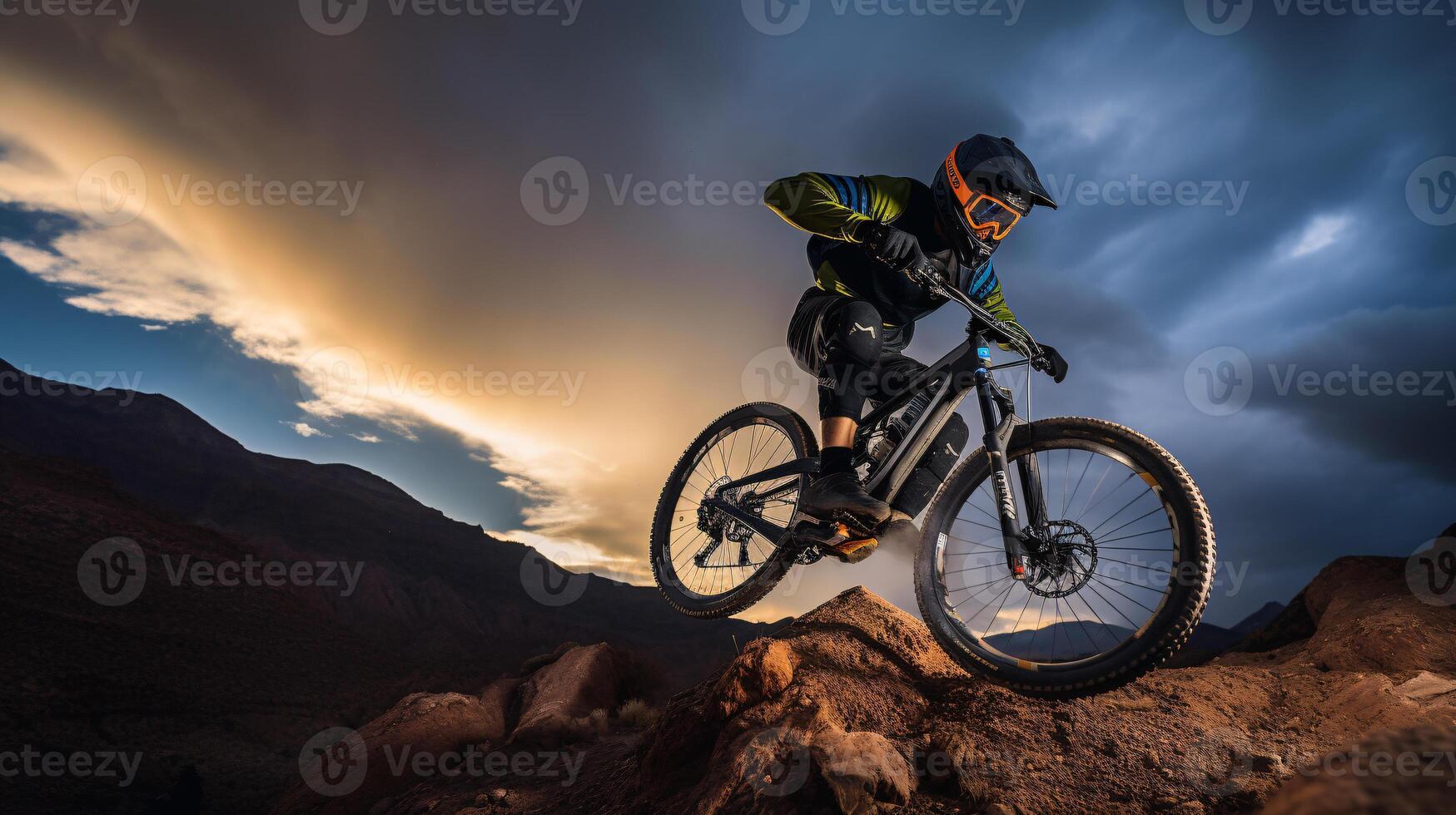 AI generated a mountain biker soaring through the air against a breathtaking mountainous backdrop photo