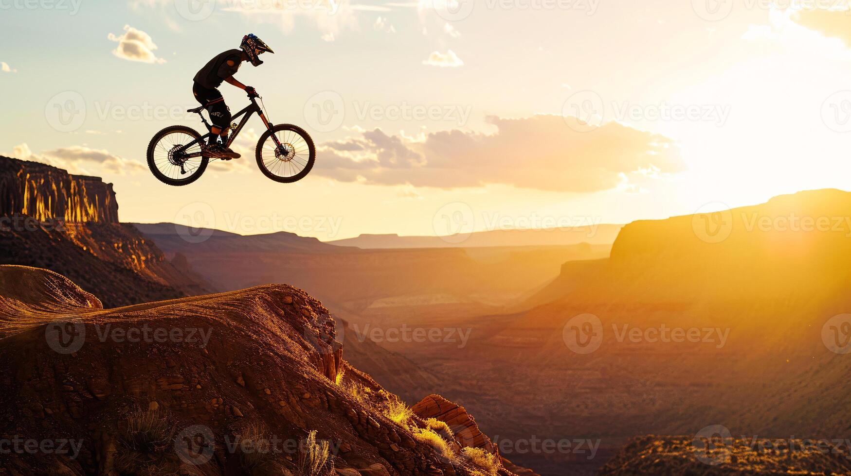 AI generated a mountain biker soaring through the air against a breathtaking mountainous backdrop photo