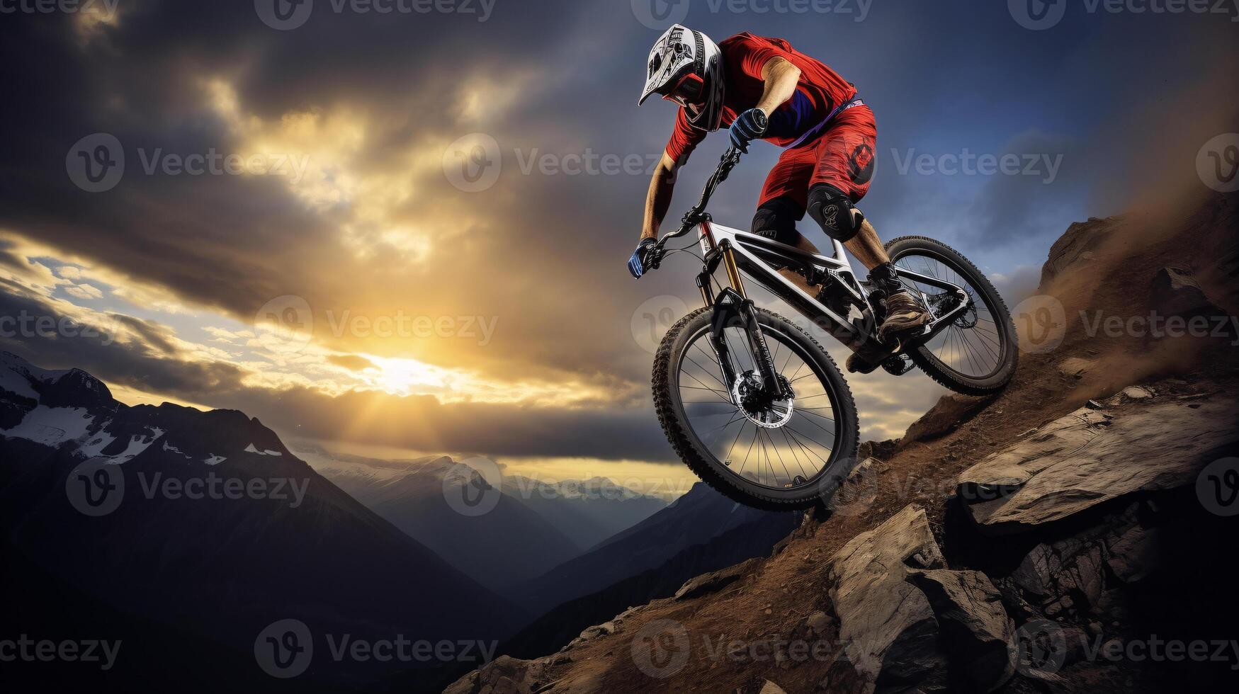AI generated a mountain biker soaring through the air against a breathtaking mountainous backdrop photo