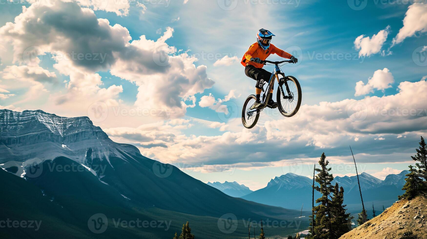 ai generado un montaña motorista altísimo mediante el aire en contra un asombroso montañoso fondo foto